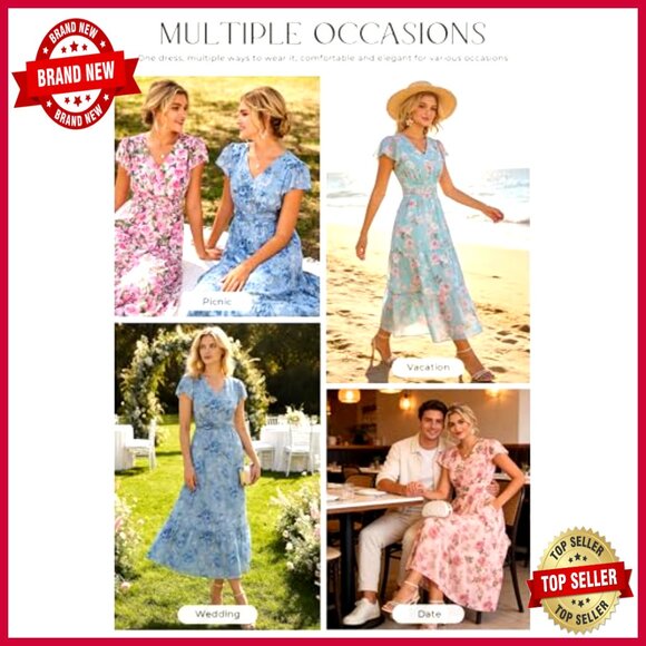 Floral Maxi Dress Short Sleeve Semi Formal Wedding Guest Elegant Flowy - Picture 6 of 7